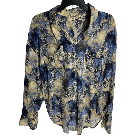 Free People Blouse XS Blue Beige Easy Rider Sheer Chiffon Button Up Top Boho - Picture 2 of 7